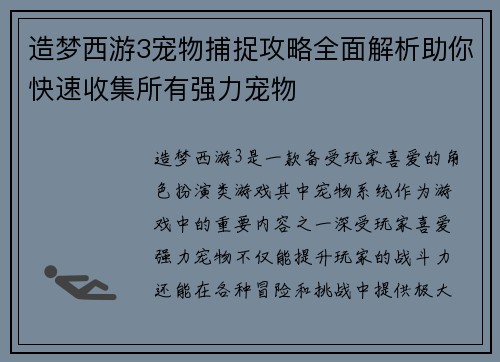 造梦西游3宠物捕捉攻略全面解析助你快速收集所有强力宠物