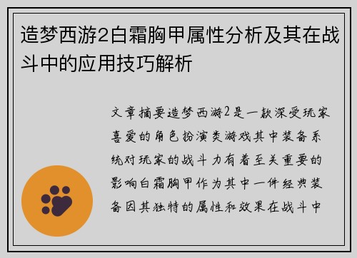 造梦西游2白霜胸甲属性分析及其在战斗中的应用技巧解析