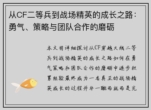 从CF二等兵到战场精英的成长之路：勇气、策略与团队合作的磨砺